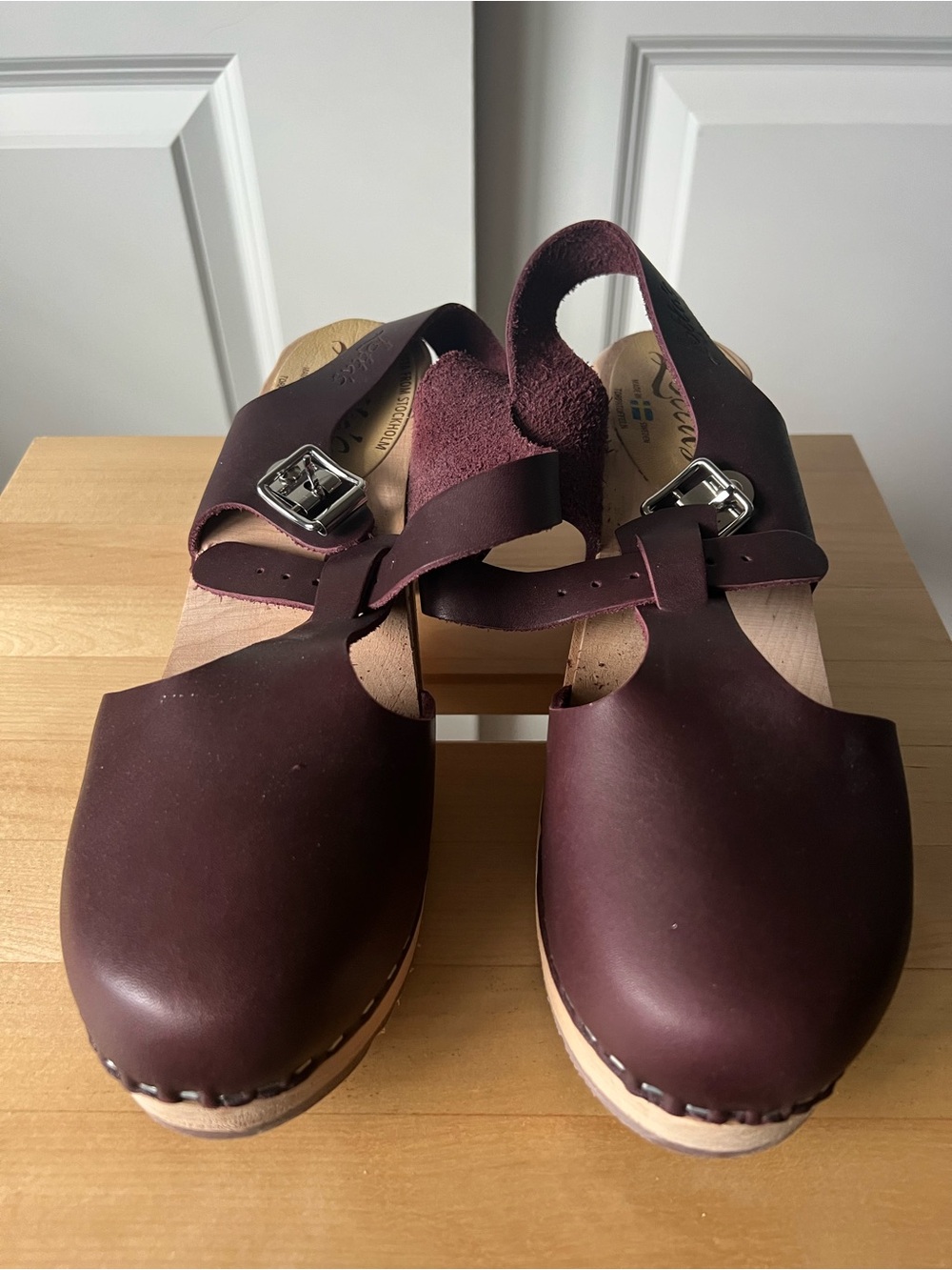 New Lotta From Stockholm Burgundy Leather Clog Sandals with Buckle Strap